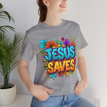 Jesus Saves Christian T-Shirt, Colorful Graffiti Faith Shirt, Bold Gospel Tee for Youth and Women, Vibrant Religious Graphic Apparel