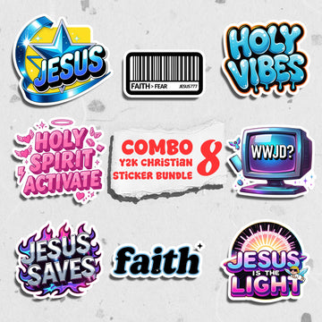 STK56 Christian Sticker Sheet – 8 Faith-Themed Waterproof Vinyl Decals for Laptop, Journal, Water Bottle – Jesus Saves, Holy Spirit, WWJD, Bible Verses