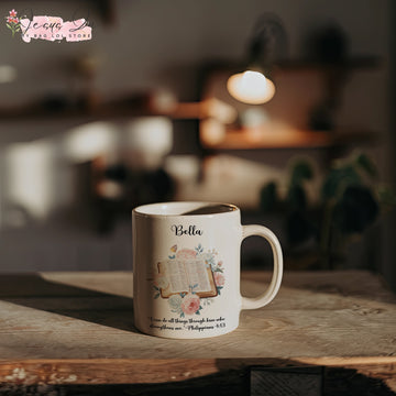 Personalized Bible Verse Mug for Her – Philippians 4:13 Christian Gift, Floral Scripture Coffee Cup, Faith Mug for Women