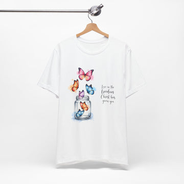 Christian Butterfly T-Shirt – Live in the Freedom Christ Has Given You – Faith-Based Tee for Women – Inspirational Scripture Shirt