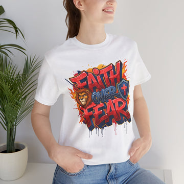 Faith Over Fear Christian T-Shirt, Graffiti Lion of Judah Shirt, Bible Verse Graphic Tee, Bold Christian Apparel, Jesus Streetwear Gift