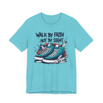 Walk By Faith Not By Sight Christian T-Shirt – Inspiring Bible Verse Tee for Believers – Bold Sneaker Graphic Shirt