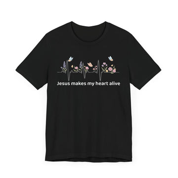 Jesus Makes My Heart Alive T-Shirt – Christian Faith Shirt – Floral Heartbeat Tee – Inspirational Bible Quote Gift for Believers