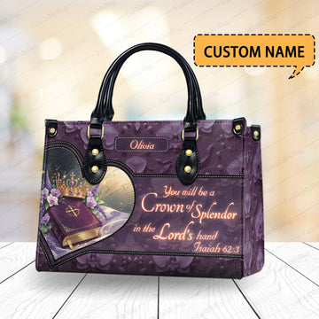 HB111 - Personalized Christian Handbag – Isaiah 62:3 Bible Verse Leather Tote – Custom Name Faith Gift for Women