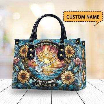 HB11-Christian Leather Handbag, His Mercies Are New PU Leather Purse, Bible Verse Tote Bag, Faith-Based Gift, Floral Sunflower Handbag for Women