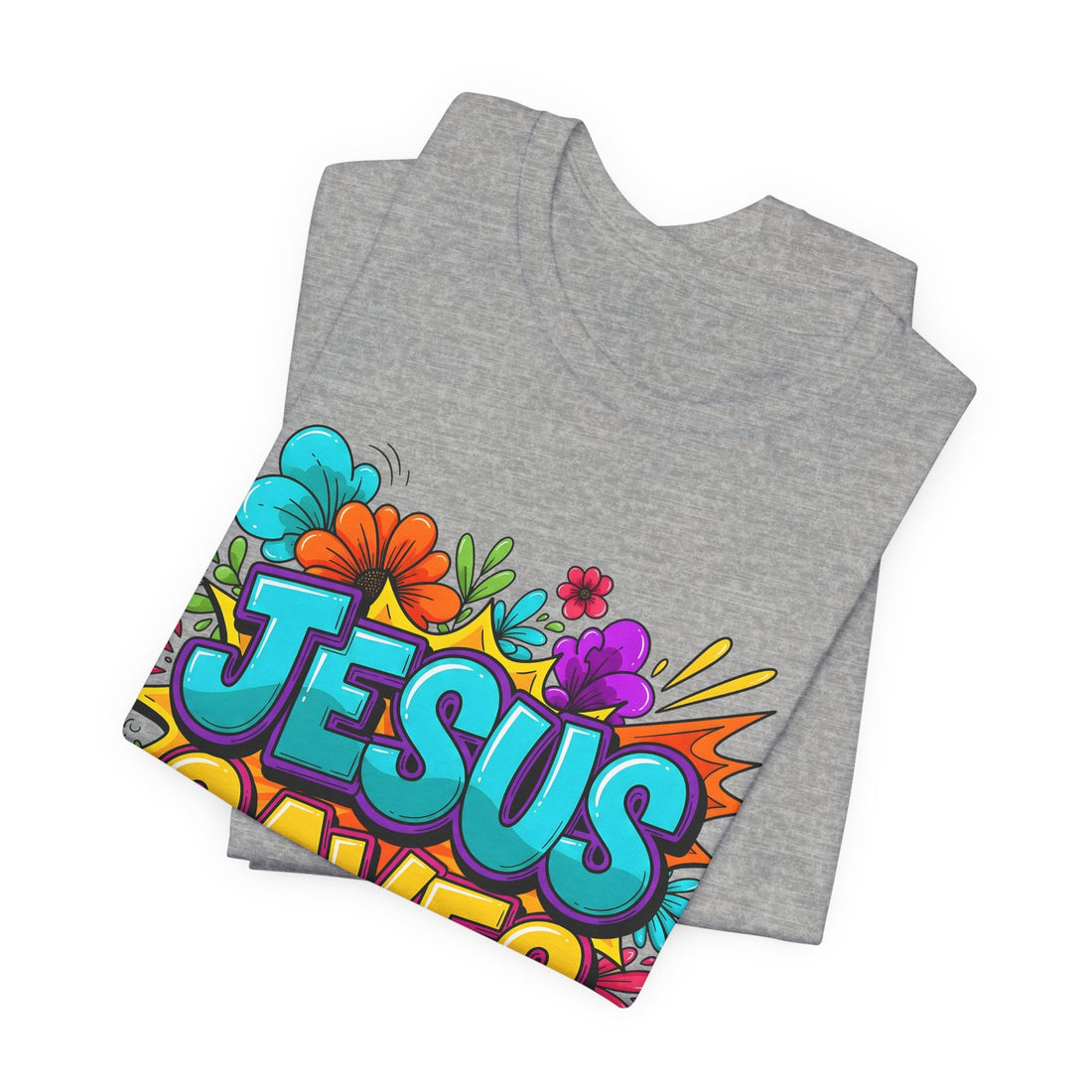 Jesus Saves Christian T-Shirt, Colorful Graffiti Faith Shirt, Bold Gospel Tee for Youth and Women, Vibrant Religious Graphic Apparel