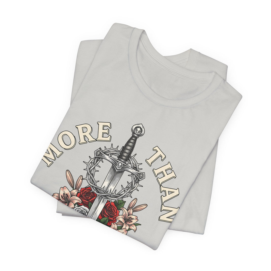 More Than Conquerors Christian T-Shirt, Romans 8:37 Bible Verse Tee, Sword and Crown Shirt, Faith Based Apparel, Christian Graphic Shirt