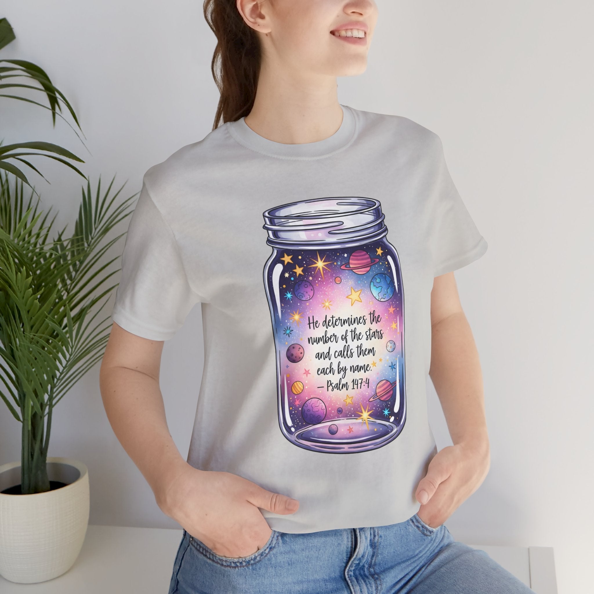 Psalm 147:4 Shirt, Christian Star Jar Shirt, Bible Verse Galaxy Tee, He Calls Them by Name T-Shirt, Scripture Gift for Women