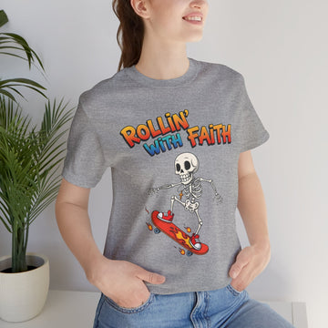 Rollin With Faith Skeleton Shirt, Christian Skateboard Tee, Funny Religious Graphic Shirt, Youth Christian Streetwear Gift