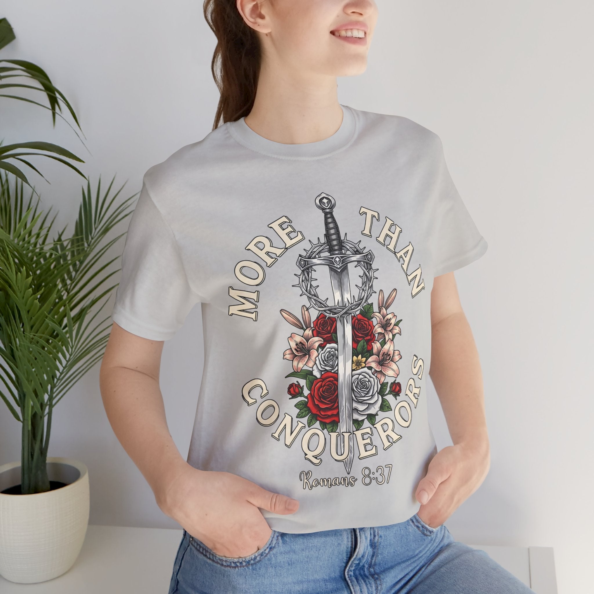 More Than Conquerors Christian T-Shirt, Romans 8:37 Bible Verse Tee, Sword and Crown Shirt, Faith Based Apparel, Christian Graphic Shirt