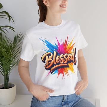 Blessed Shirt Christian Faith Tee – Colorful Splash Jesus Graphic T-Shirt – Inspirational Unisex Gift for Believers