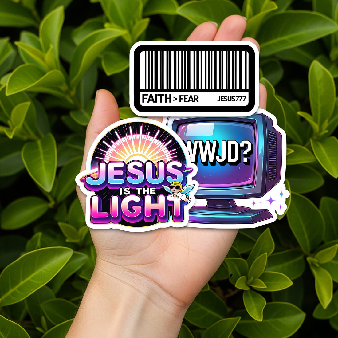STK56 Christian Sticker Sheet – 8 Faith-Themed Waterproof Vinyl Decals for Laptop, Journal, Water Bottle – Jesus Saves, Holy Spirit, WWJD, Bible Verses