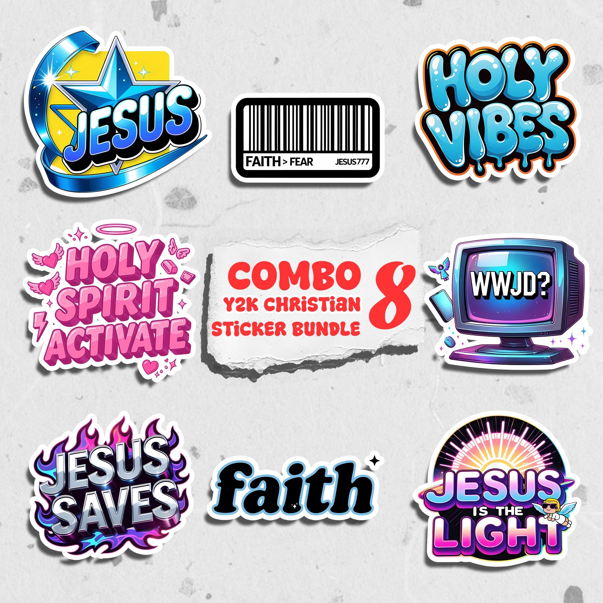 STK56 Christian Sticker Sheet – 8 Faith-Themed Waterproof Vinyl Decals for Laptop, Journal, Water Bottle – Jesus Saves, Holy Spirit, WWJD, Bible Verses