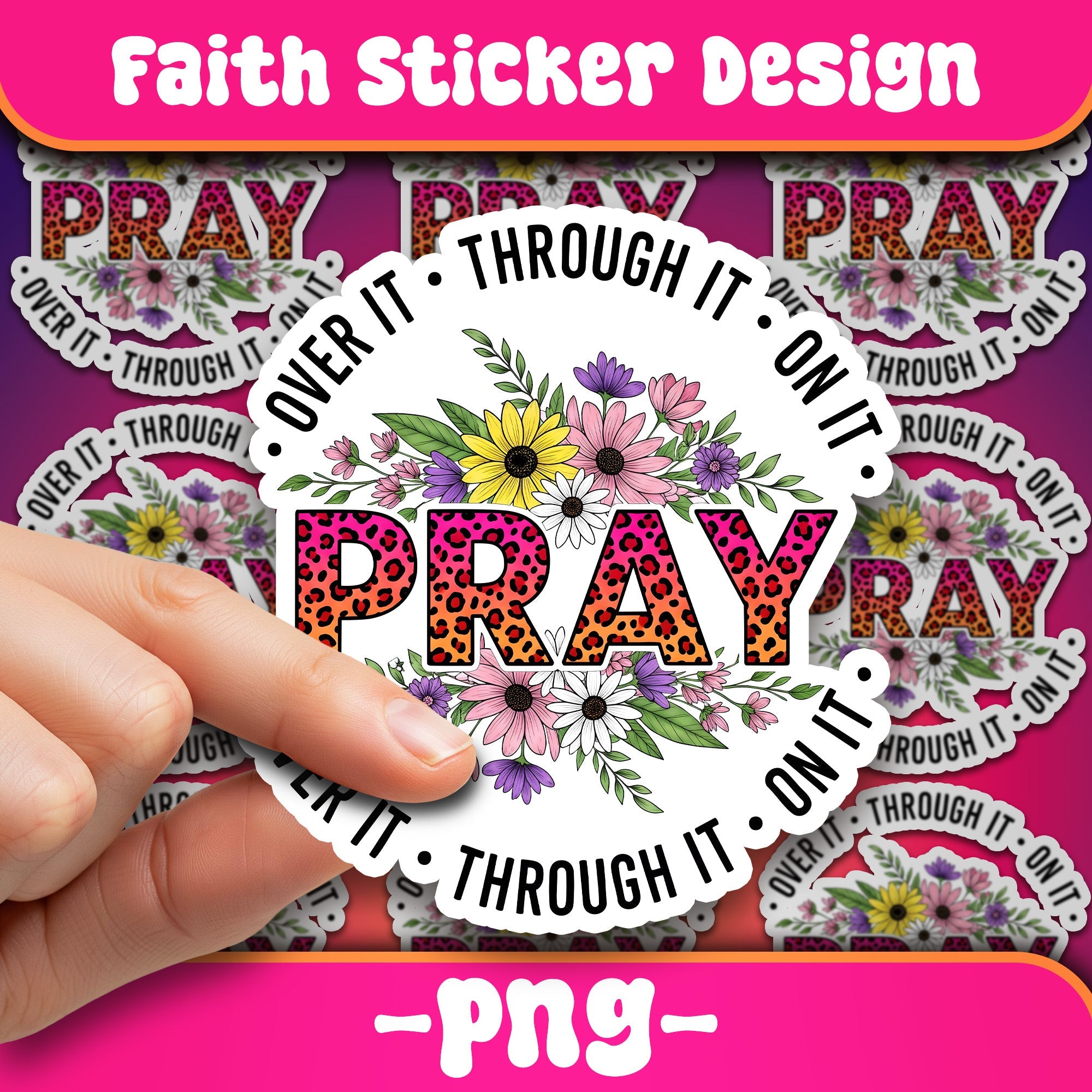 STK131 Christian Pray Sticker – Leopard Print Floral Vinyl Decal, Faith Quote Waterproof for Laptop and Hydro Flask
