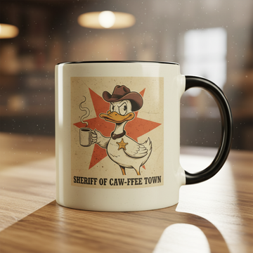 Personalized Western Duck Mug – “Sheriff of Caw-ffee Town” Funny Cowboy Coffee Cup, Vintage Animal Mug, Unique Gift for Coffee Lovers| Mug51