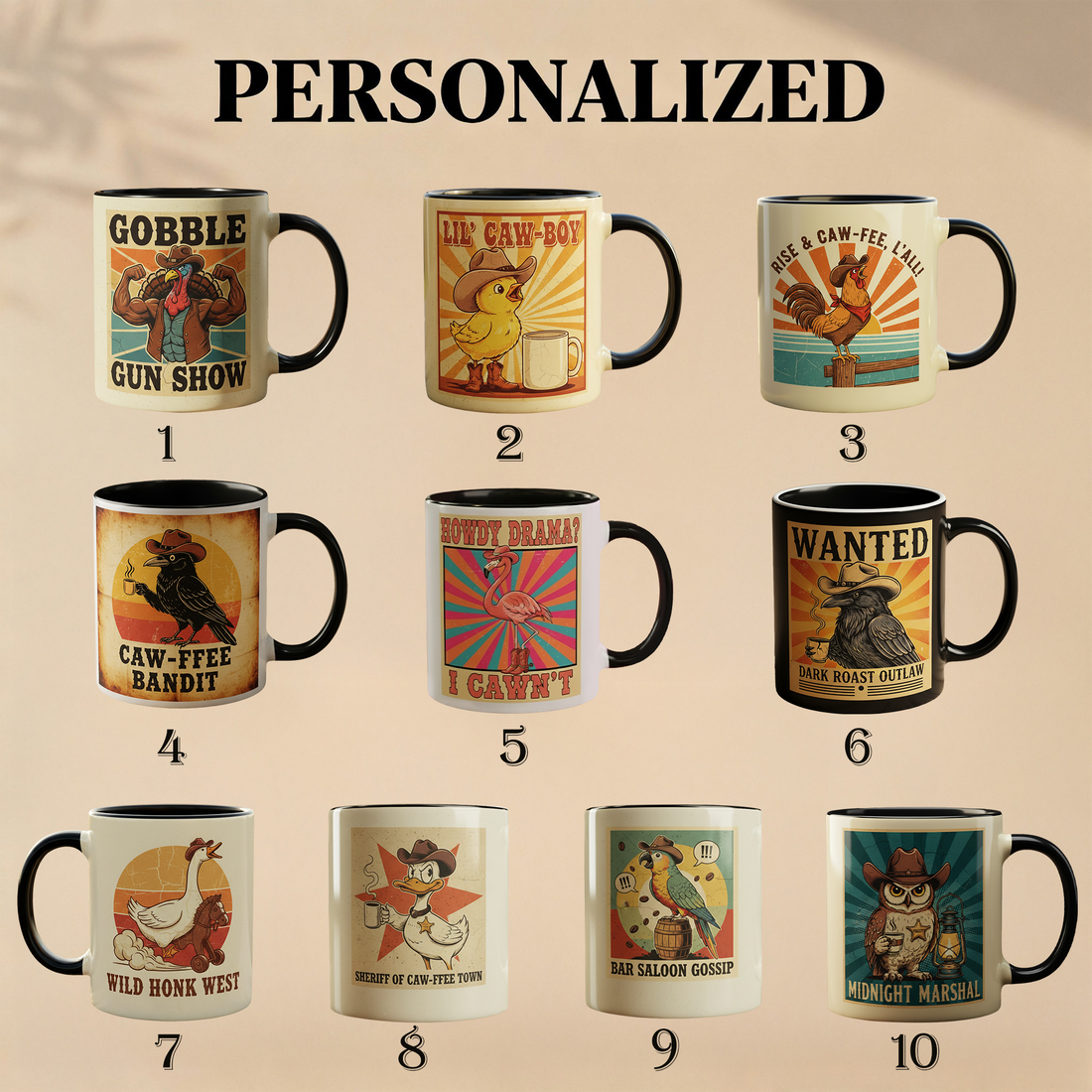 Personalized Western Duck Mug – “Sheriff of Caw-ffee Town” Funny Cowboy Coffee Cup, Vintage Animal Mug, Unique Gift for Coffee Lovers| Mug51