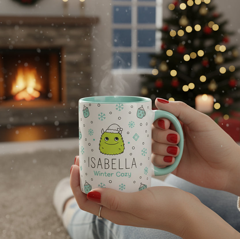 Custom Name Winter Cozy Mug Gift, Cute Christmas Monster Coffee Cup, Personalized Holiday Mug for Kids & Family, Festive Hot Cocoa Cup| Mug 26