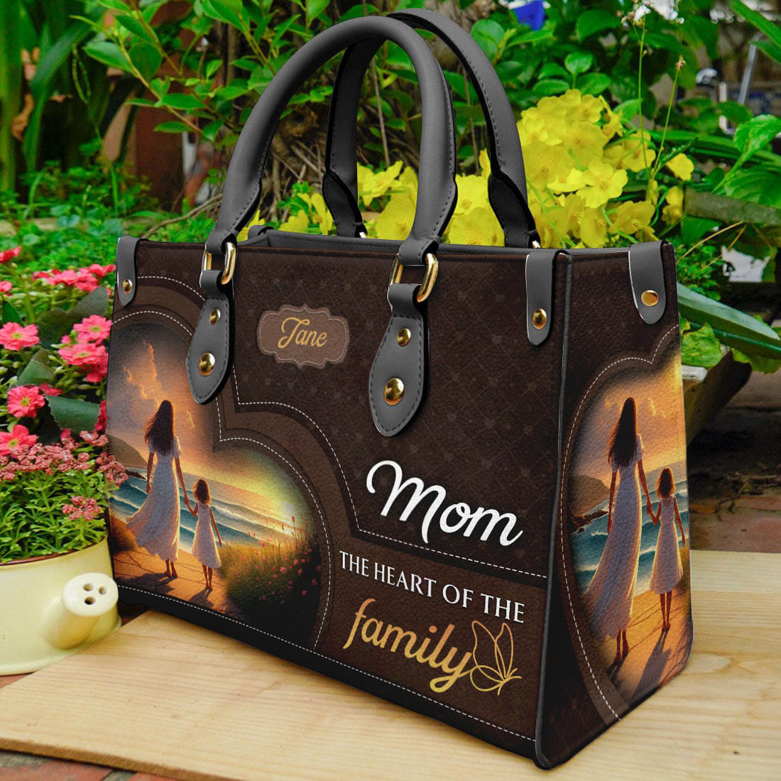 HB85 - Mom Handbag Gift - Personalized Mother's Name Purse - The Heart of the Family Tote - Custom Leather Bag for Mom from Daughter