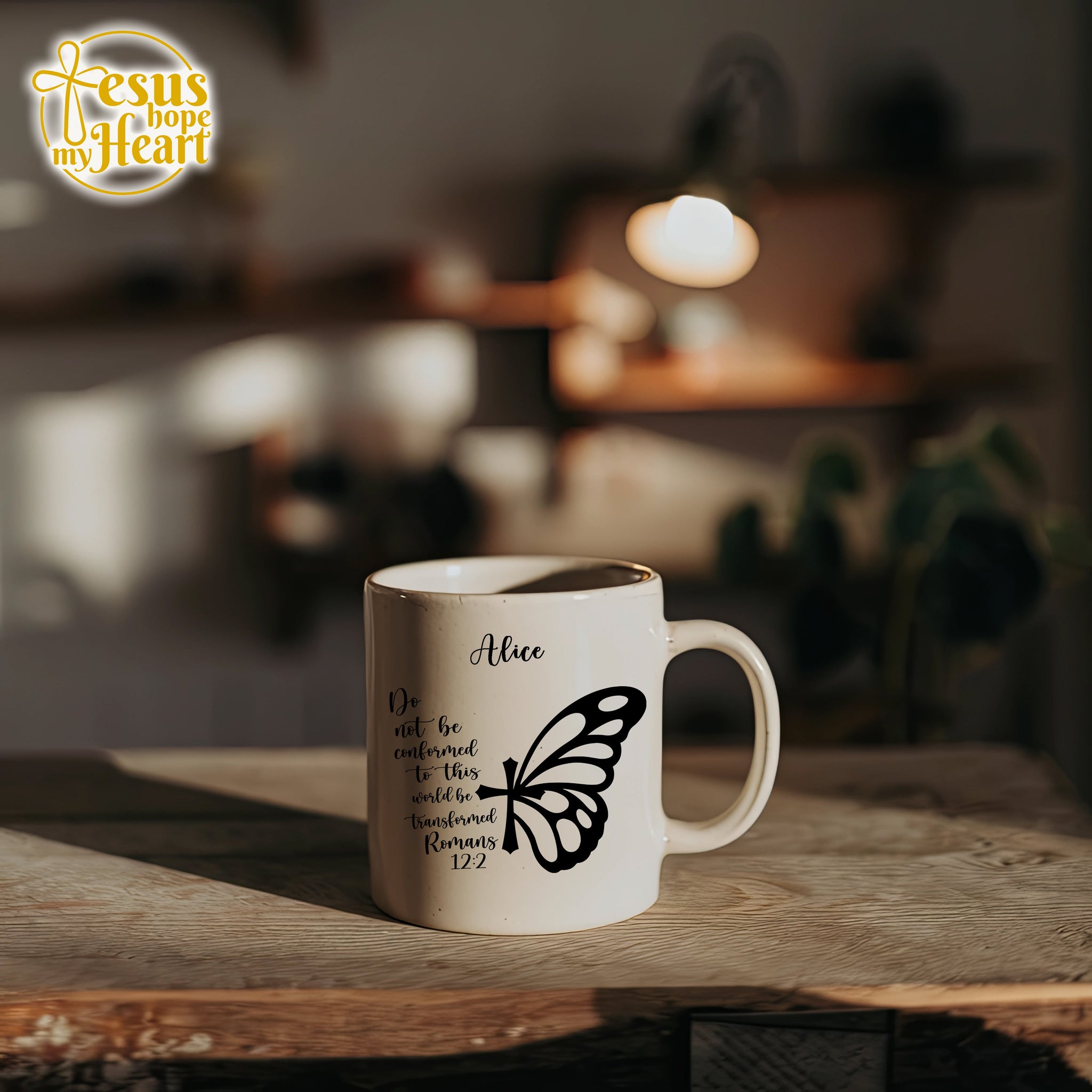 personalized romans 12 2 mug – christian butterfly coffee cup – faith gift for women