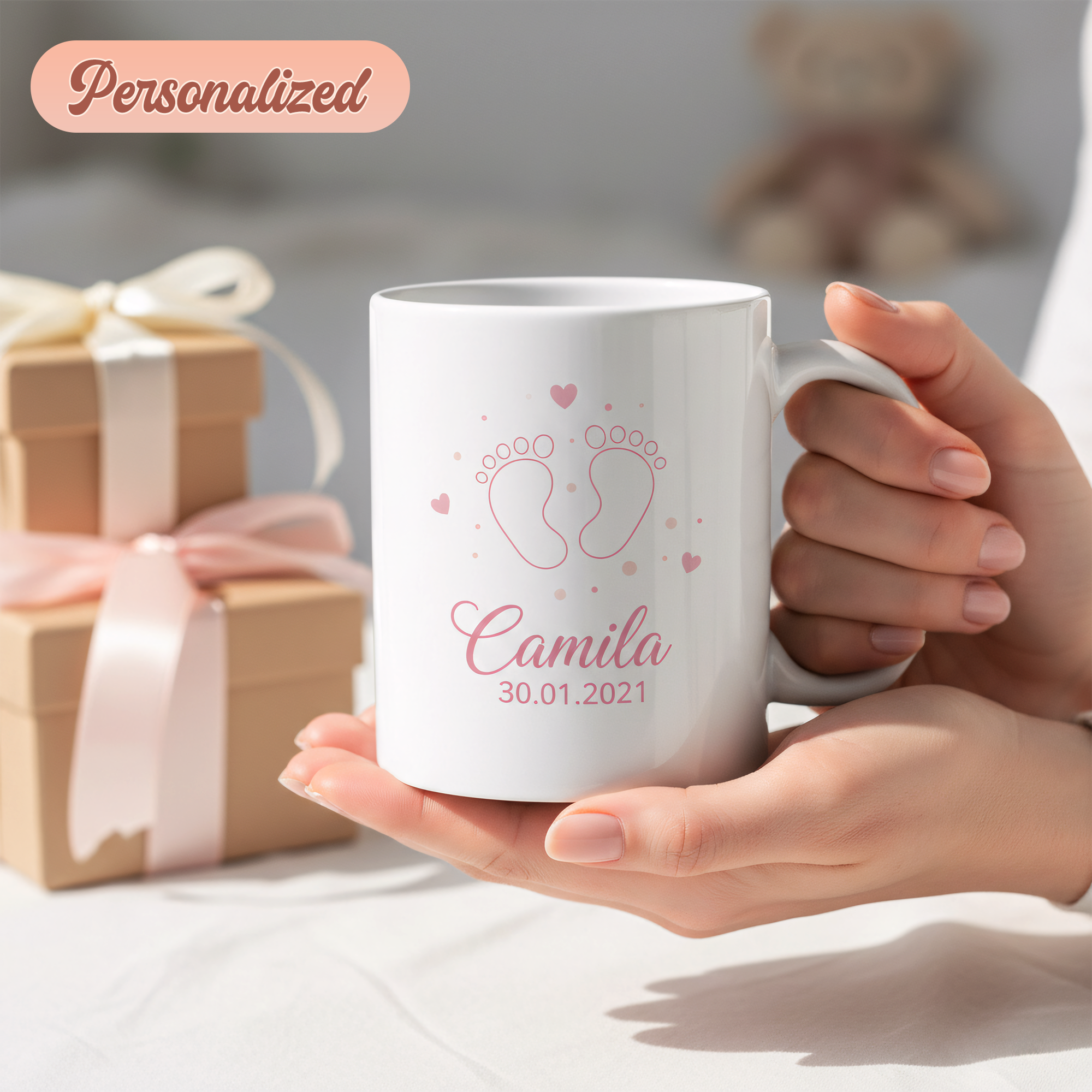 Personalized Baby Footprint Mug, Custom Name and Date Cup, New Baby Gift, Baby Birth Mug, Gift for Mom, Unique Coffee Mug, Keepsake Cup| Mug 68