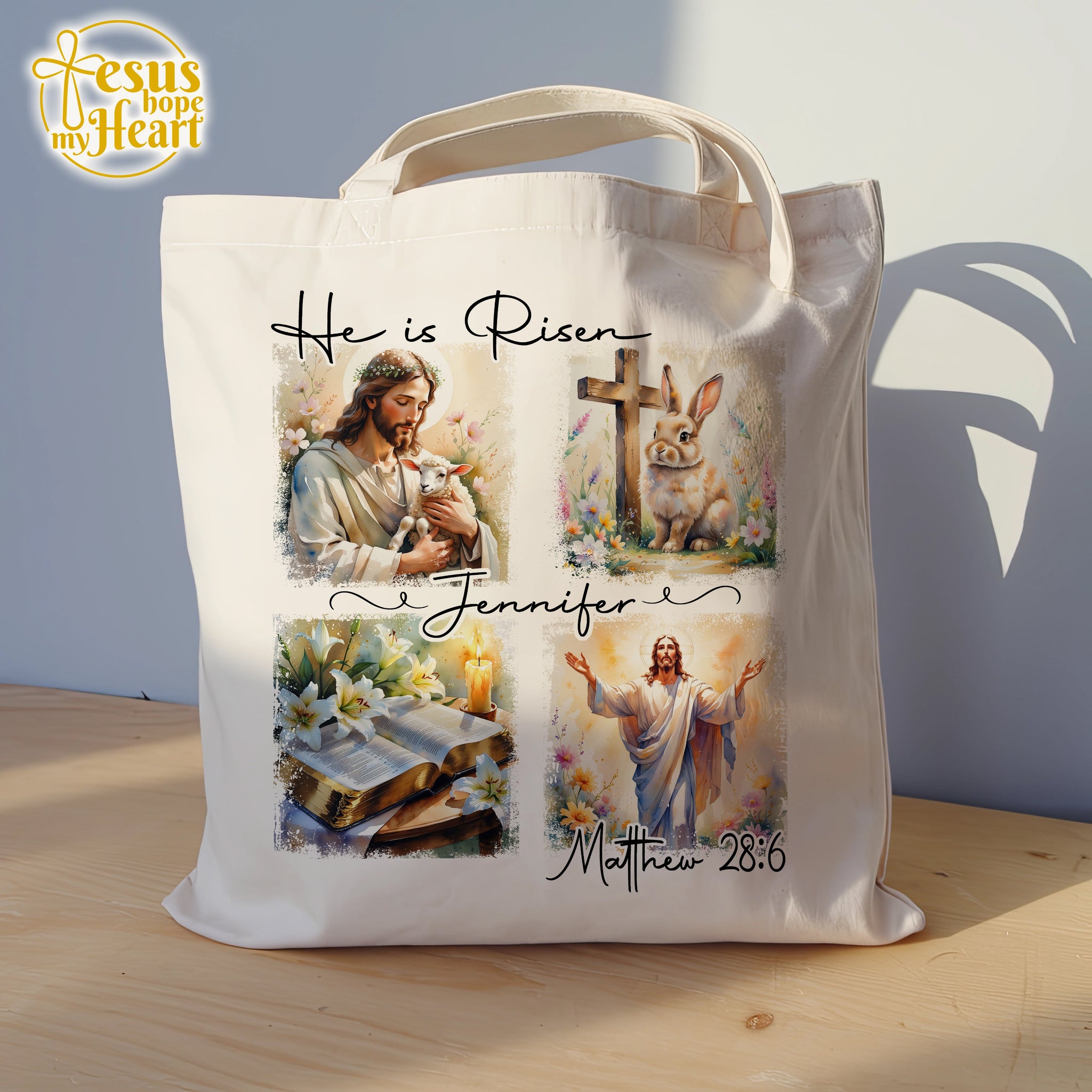 Personalized He Is Risen Tote Bag – Christian Easter Canvas Bag with Jesus Bunny Cross & Bible – Matthew 28:6 Faith Gift for Women
