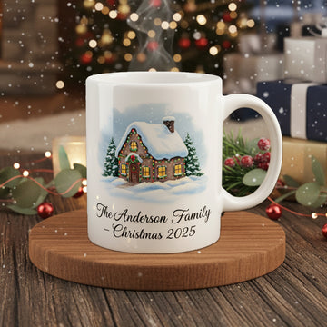 Personalized Christmas Mug Custom Family Name, Holiday Cottage Mug Gift, Cozy Winter Mug Custom Year, Christmas Gift Mug For Family| Mug 08