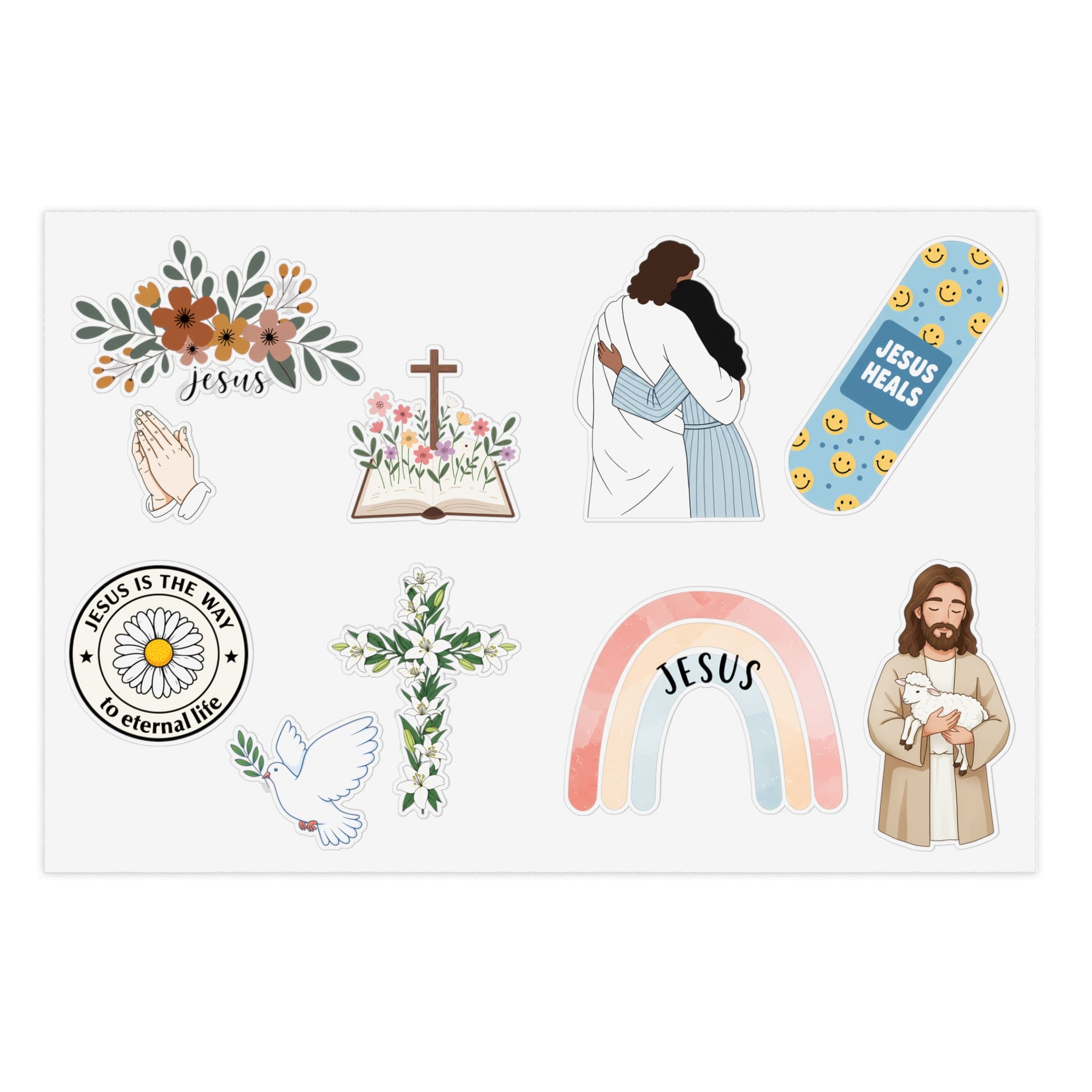 STK67 Christian Sticker Pack – Faith-Based Waterproof Vinyl Stickers for Laptop, Water Bottle, Bible Journal – Jesus Heals, Cross, Dove, Rainbow