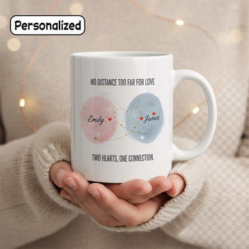 Personalized Mug, Custom Name Mug, Long Distance Love Mug, Couples Coffee Cup, Two Hearts One Connection Mug, Custom Couple Mug| Mug 85