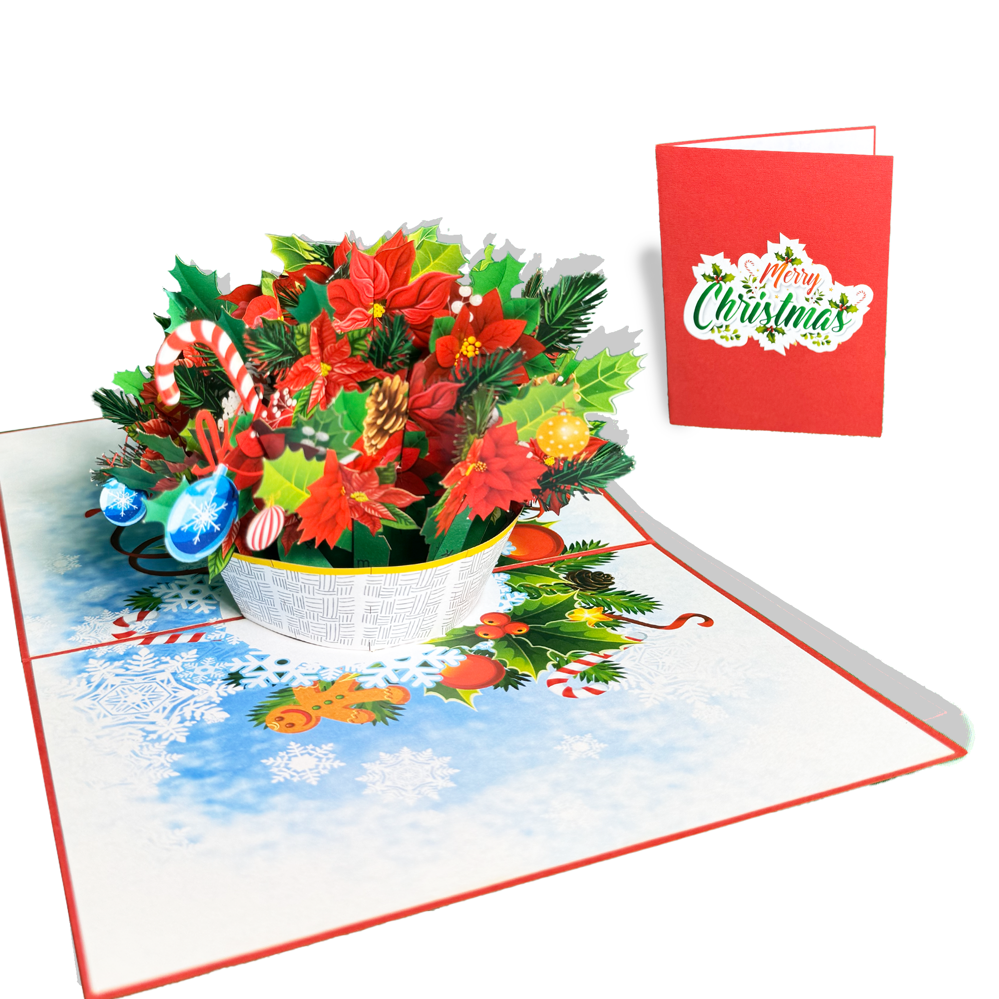 Christmas Pop Up Card 3D – Holiday Greeting Card with Poinsettia Flowers, Candy Canes, Ornaments – Unique Gift for Her, Mom, Kids