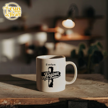 personalized forgiven mug – christian cross coffee cup – custom name faith gift