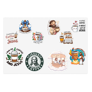 STK03 Coffee and Jesus Sticker Pack – Funny Christian Vinyl Decals for Mugs, Laptop, Water Bottle – Faith and Coffee Lover Gift Set