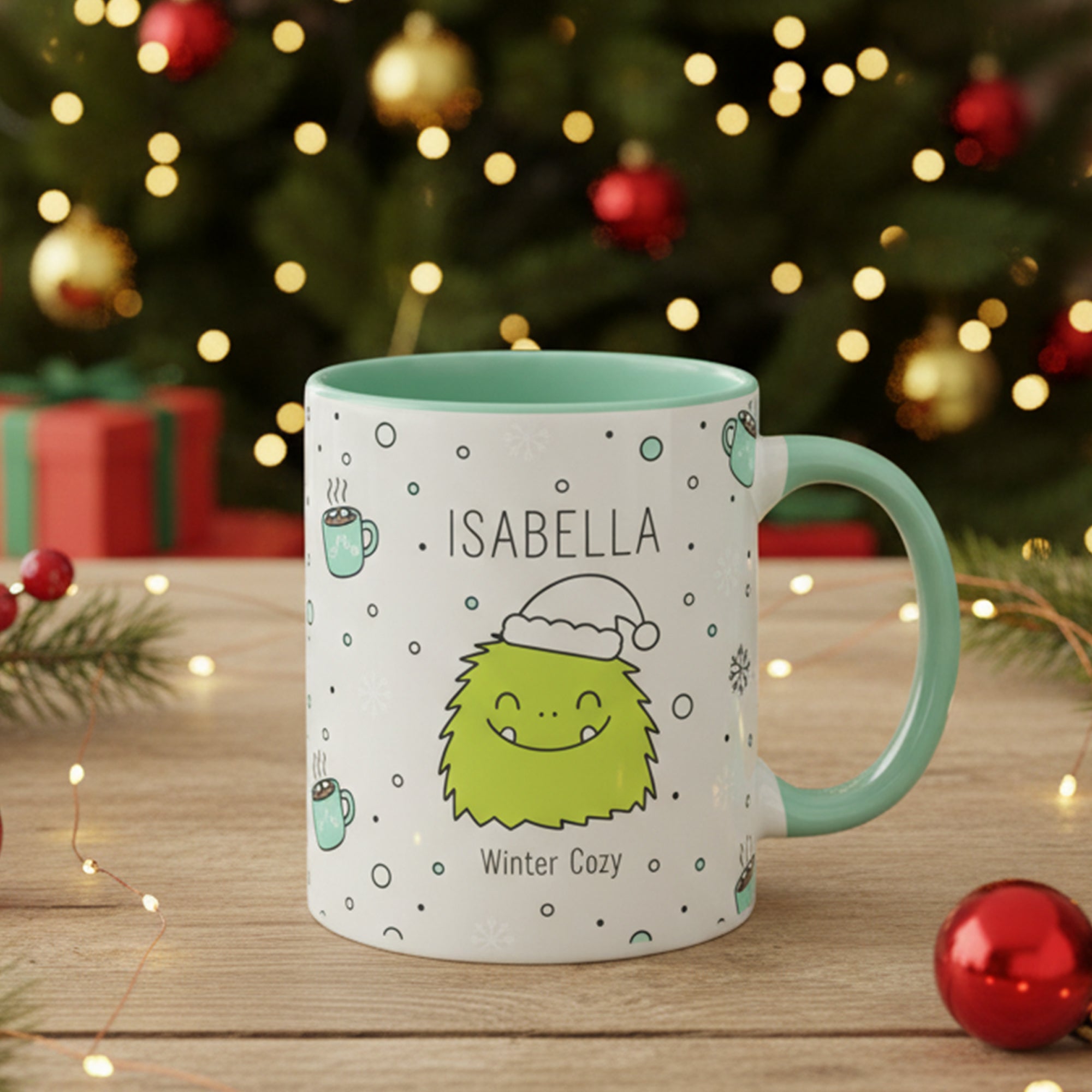 Custom Name Christmas Mug, Personalized Winter Cozy Monster Cup, Cute Holiday Coffee Mug Gift, Xmas Hot Cocoa Cup for Kids & Family| Mug 07