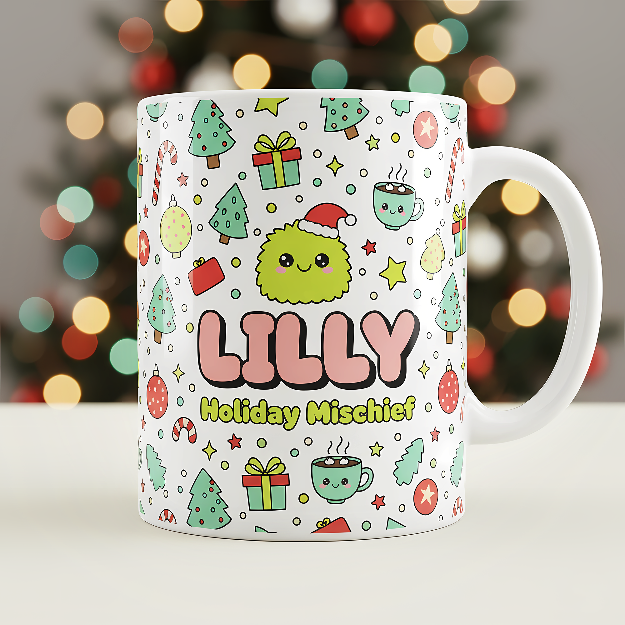 Personalized Holiday Mug with Custom Name, Cute Christmas Monster Coffee Cup, Festive Hot Cocoa Gift Idea for Kids, Friends and Family| Mug 01