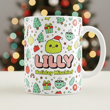 Personalized Holiday Mug with Custom Name, Cute Christmas Monster Coffee Cup, Festive Hot Cocoa Gift Idea for Kids, Friends and Family| Mug 01