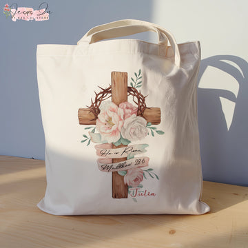 Custom Name He Is Risen Tote Bag, Matthew 28:6 Bible Verse Easter Gift, Floral Cross Christian Tote, Resurrection Faith Bag for Women