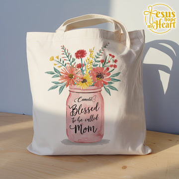 Floral Blessed Mom Christian Tote Bag, Religious Gift for Women, Personalized Canvas Bag, Custom Mother’s Day Tote, Faith Reusable Bag