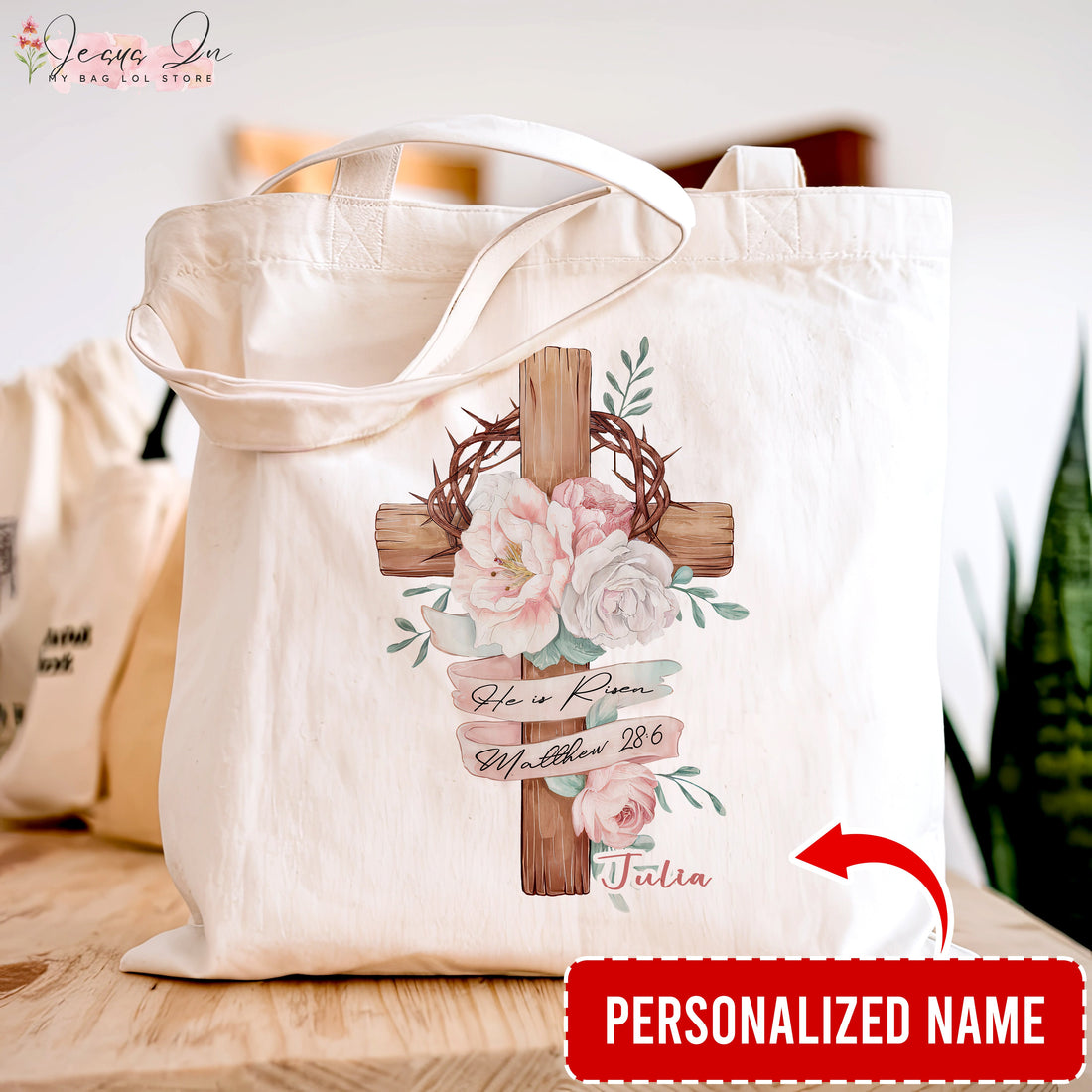 Custom Name He Is Risen Tote Bag, Matthew 28:6 Bible Verse Easter Gift, Floral Cross Christian Tote, Resurrection Faith Bag for Women
