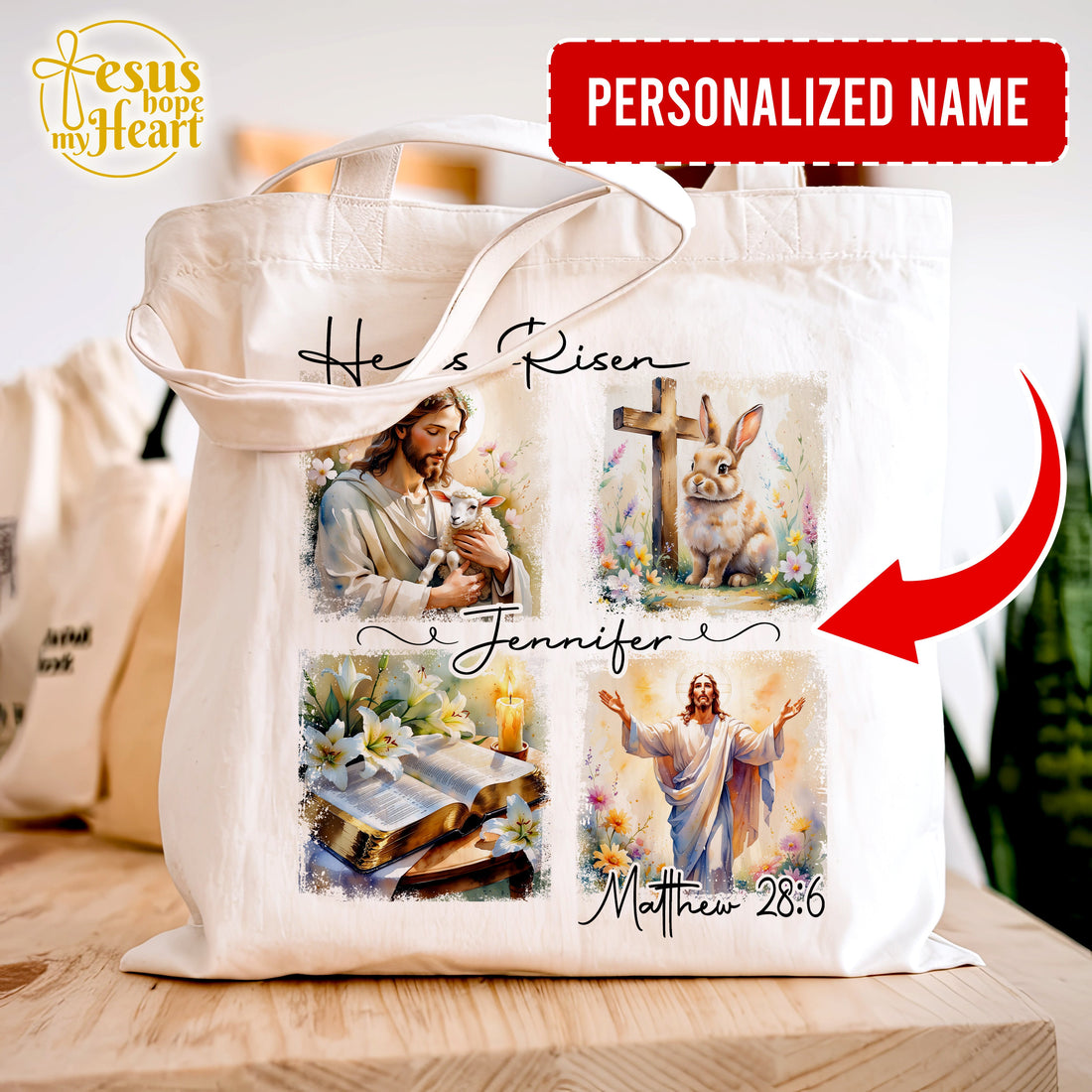 Personalized He Is Risen Tote Bag – Christian Easter Canvas Bag with Jesus Bunny Cross & Bible – Matthew 28:6 Faith Gift for Women
