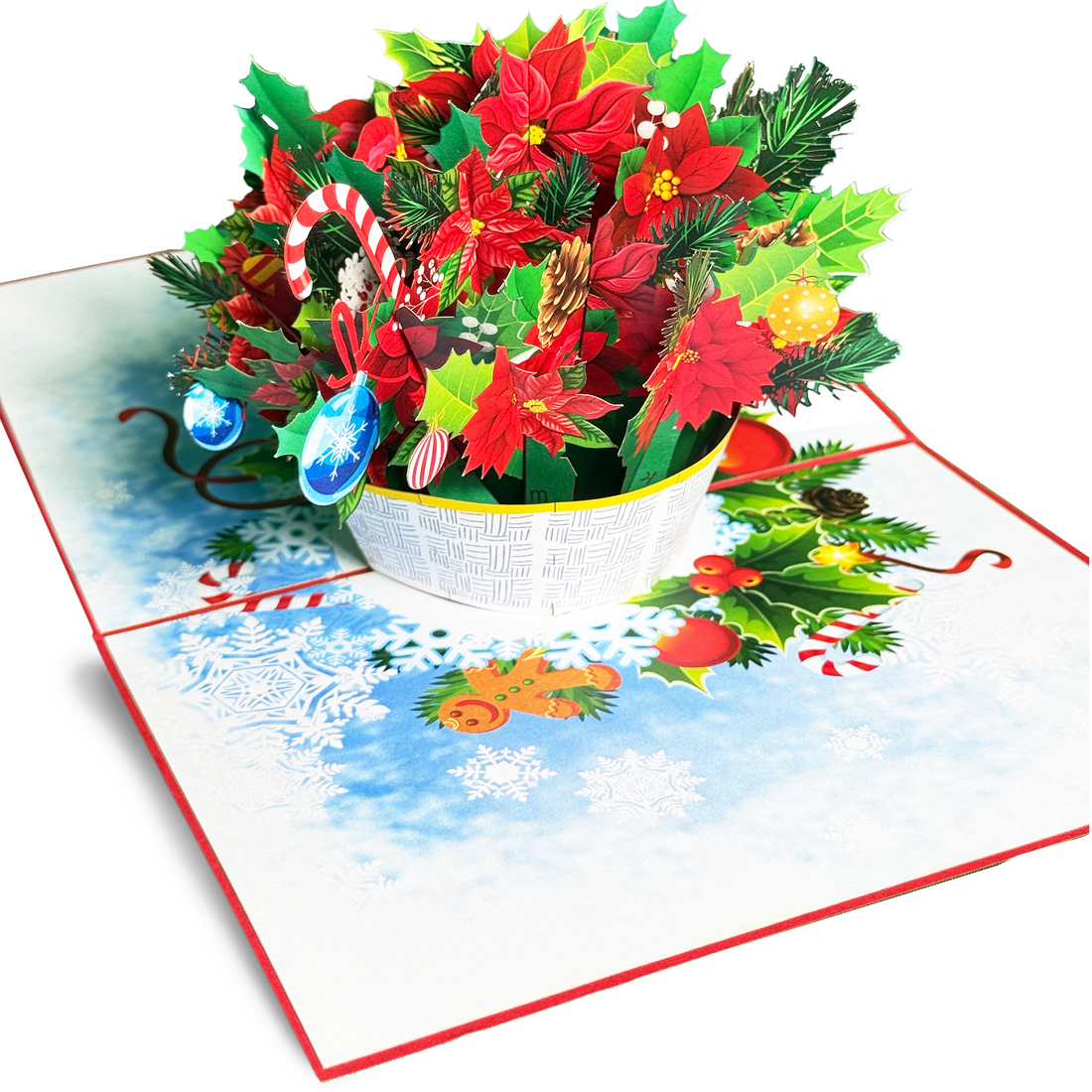 Christmas Pop Up Card 3D – Holiday Greeting Card with Poinsettia Flowers, Candy Canes, Ornaments – Unique Gift for Her, Mom, Kids