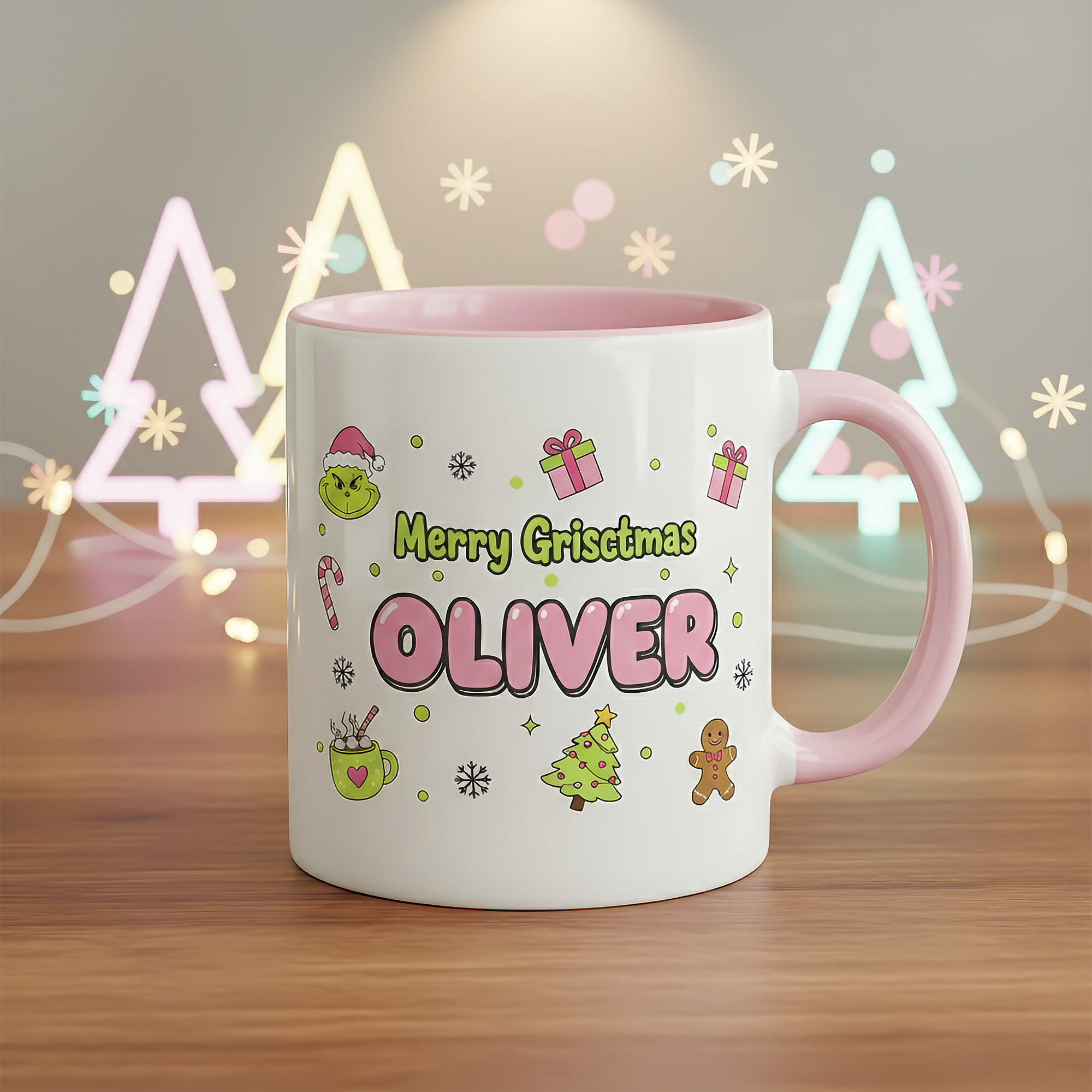 Personalized Merry Grinchmas Mug for Kids – Custom Name Christmas Cup, Cute Holiday Gift, Grinch Coffee Mug, Pink Handle Festive Mug| Mug 04