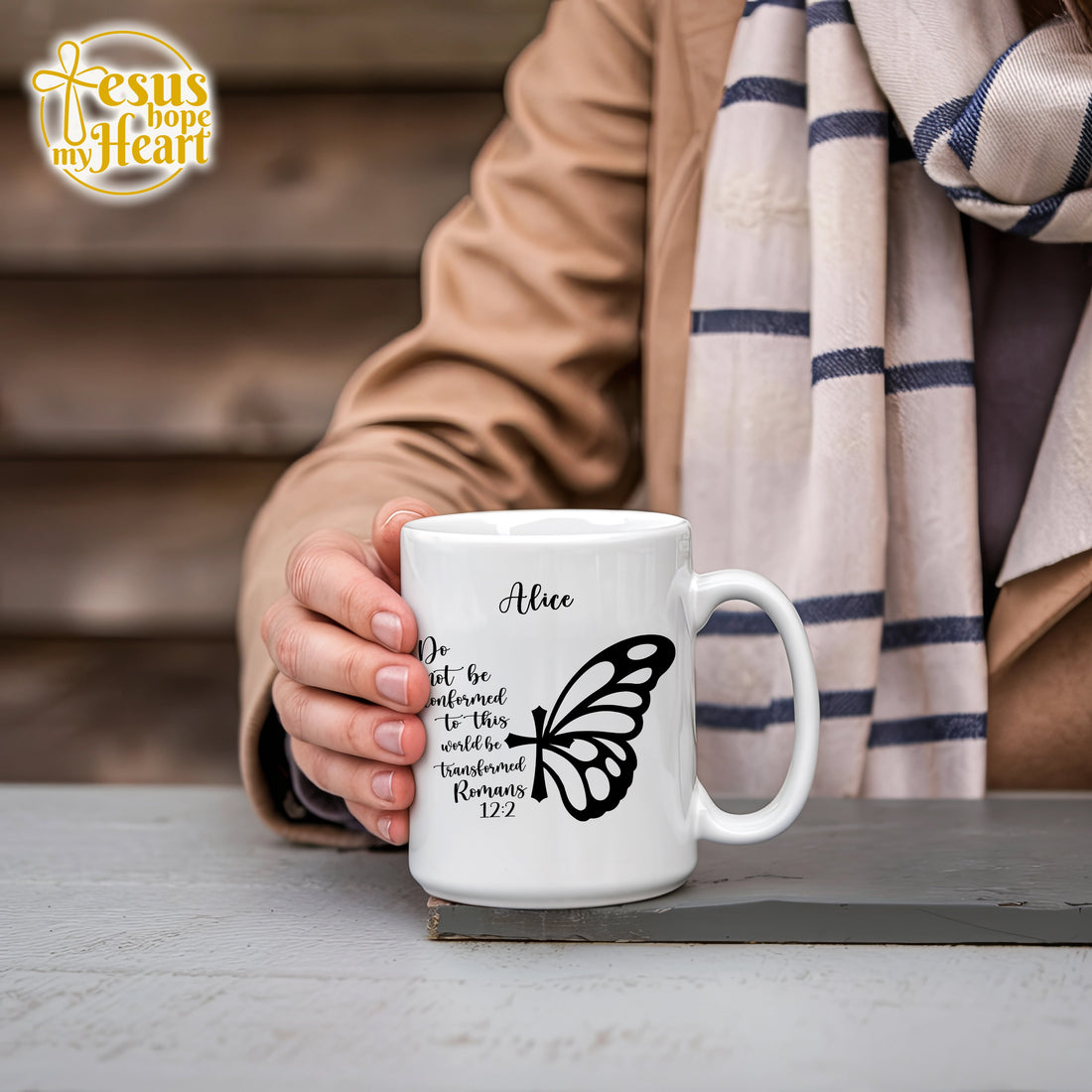 personalized romans 12 2 mug – christian butterfly coffee cup – faith gift for women