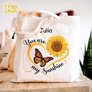 Personalized You Are My Sunshine Tote Bag, Butterfly Sunflower Bag, Custom Name Gift for Mom, Inspirational Canvas Bag, mother's day gift