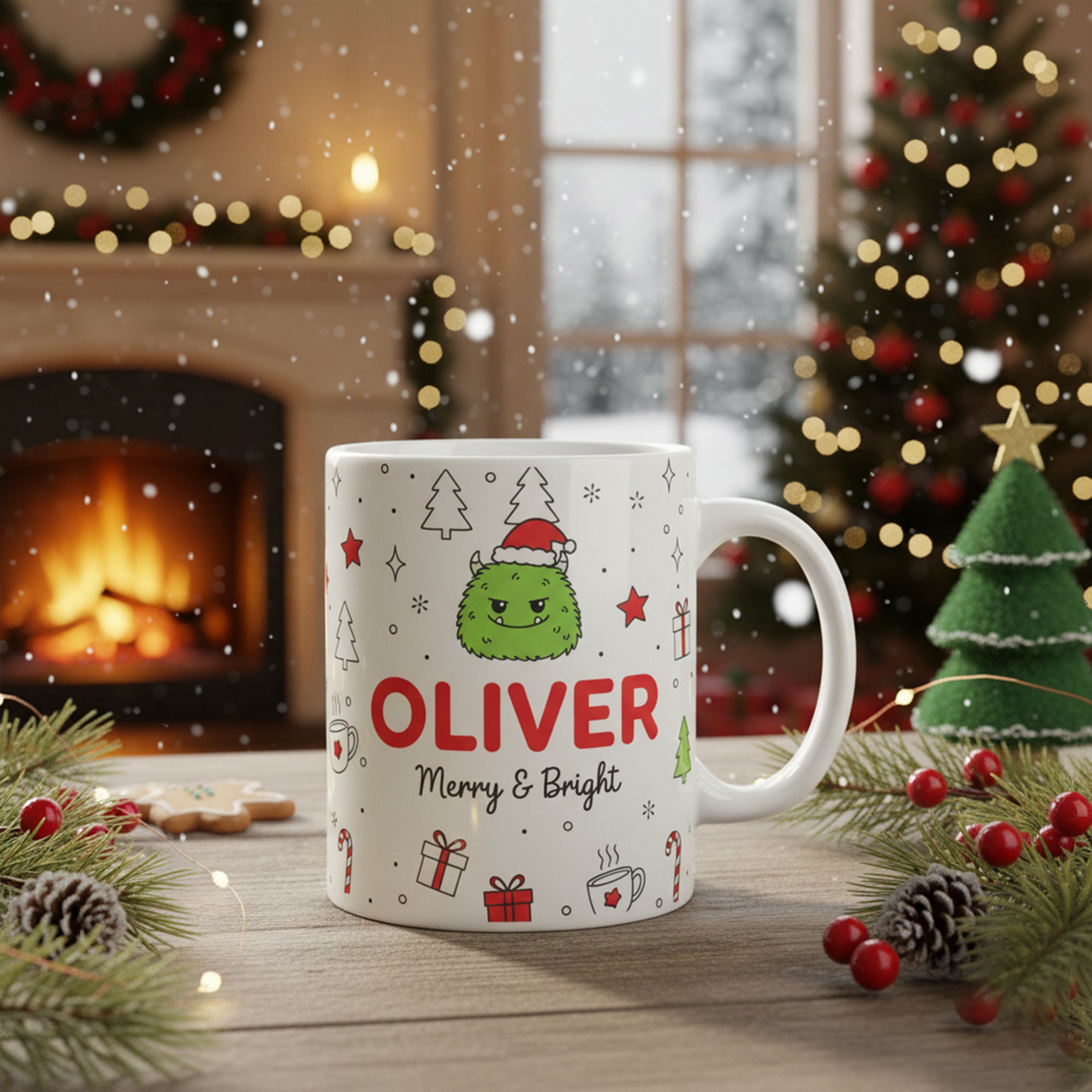 Personalized Merry & Bright Christmas Mug with Cute Monster – Custom Name Kids Xmas Gift, Holiday Coffee Cup for Boys & Girls| Mug 06