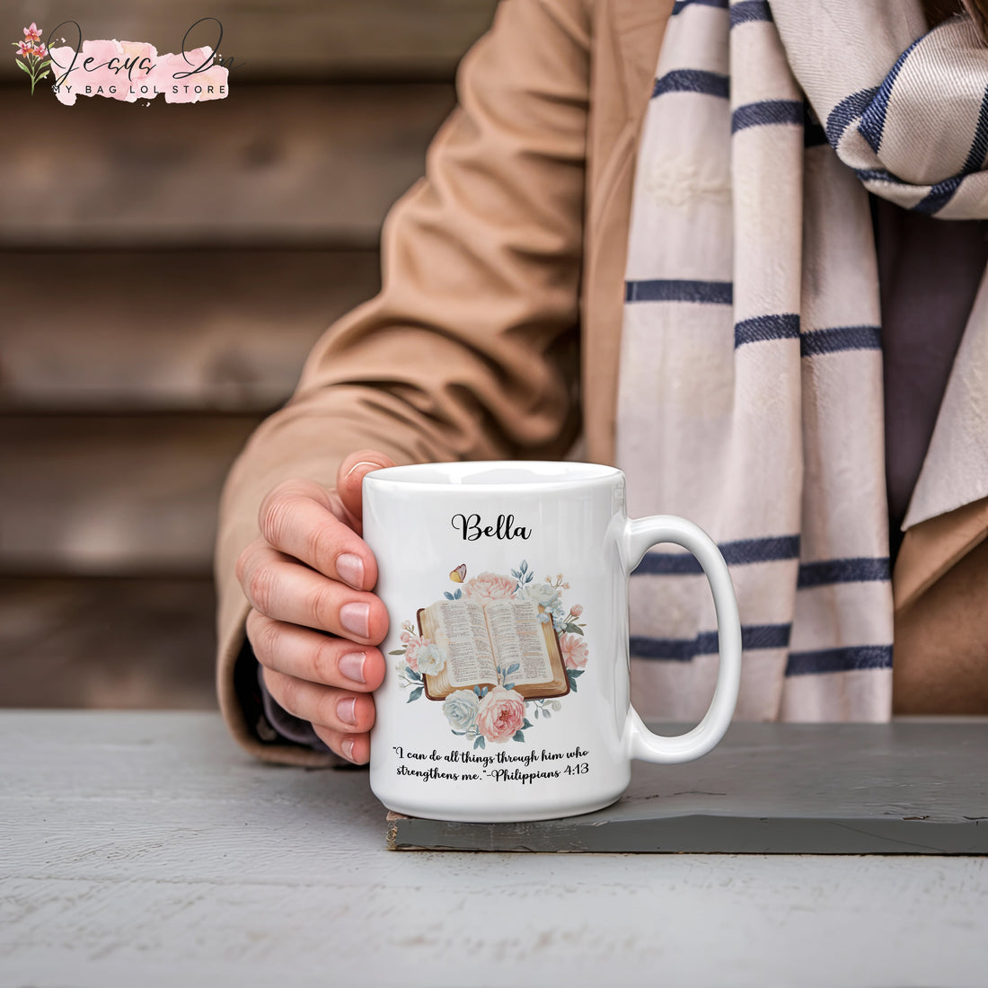 Personalized Bible Verse Mug for Her – Philippians 4:13 Christian Gift, Floral Scripture Coffee Cup, Faith Mug for Women