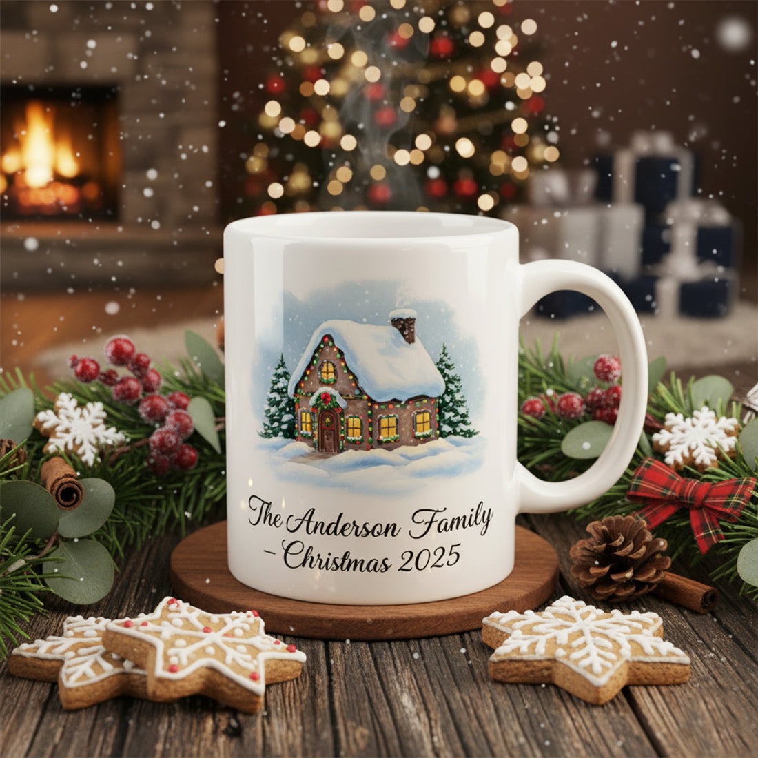 Personalized Christmas Mug Custom Family Name, Holiday Cottage Mug Gift, Cozy Winter Mug Custom Year, Christmas Gift Mug For Family| Mug 08