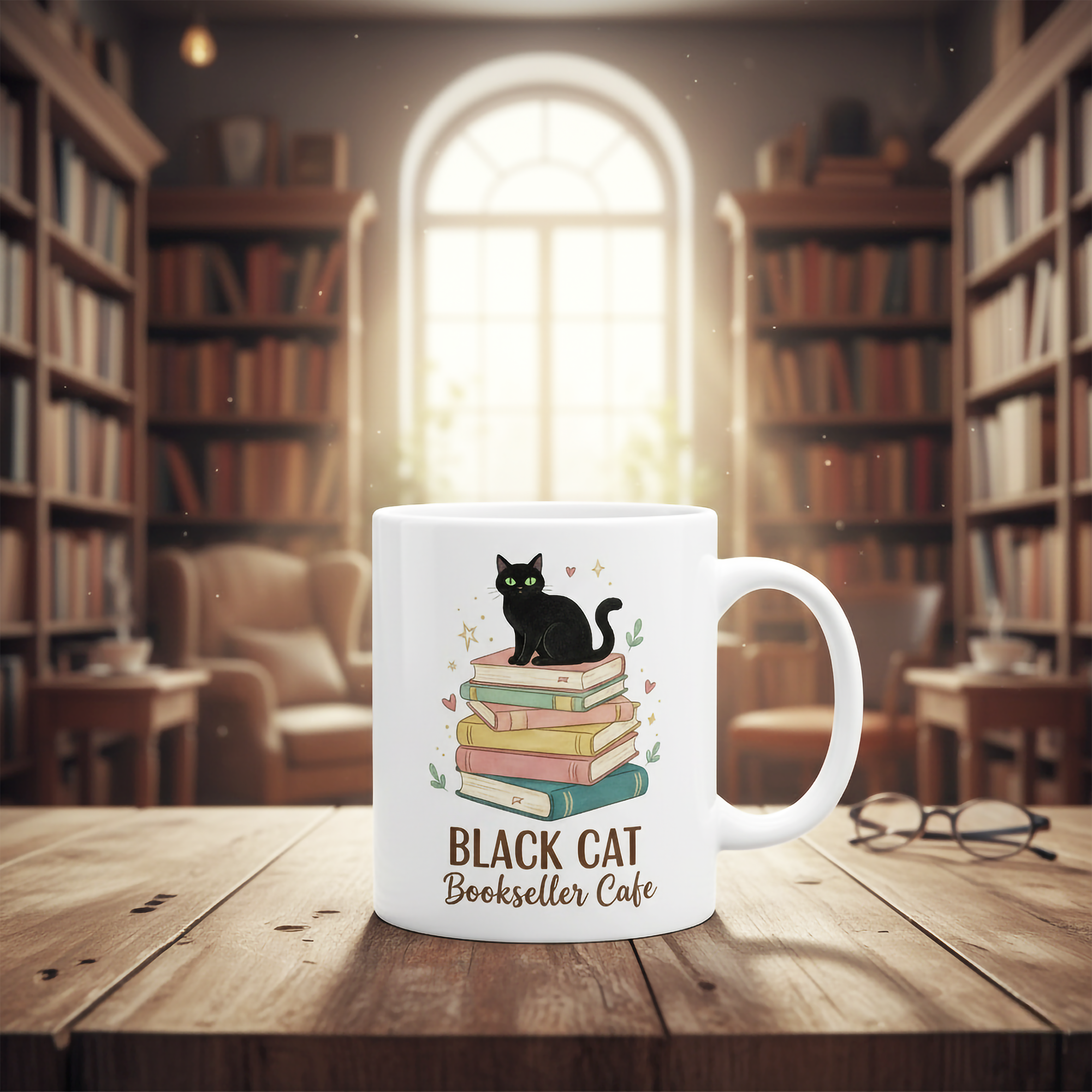 Book Lover Mug, Black Cat Coffee Mug, Cat Lover Gift, Vintage Book Aesthetic Mug, Black Cat Bookseller Cafe Cup, Cute Cat Reading Mug| Mug 86