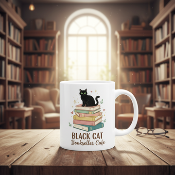 Book Lover Mug, Black Cat Coffee Mug, Cat Lover Gift, Vintage Book Aesthetic Mug, Black Cat Bookseller Cafe Cup, Cute Cat Reading Mug| Mug 86