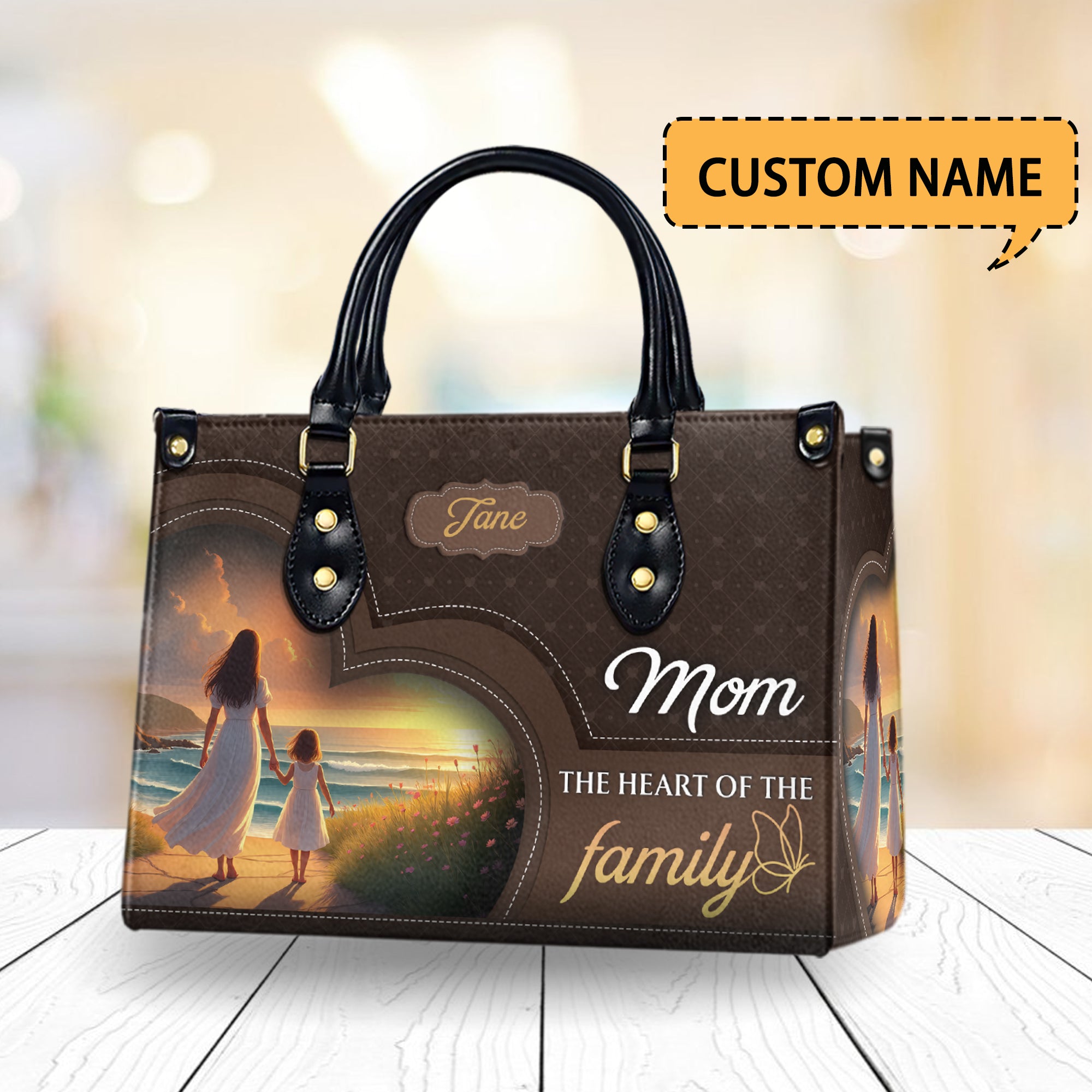 HB85 - Mom Handbag Gift - Personalized Mother's Name Purse - The Heart of the Family Tote - Custom Leather Bag for Mom from Daughter