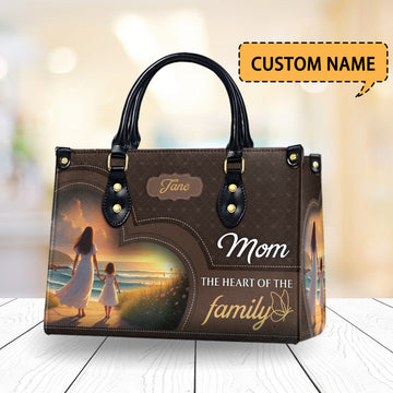 HB85 - Mom Handbag Gift - Personalized Mother's Name Purse - The Heart of the Family Tote - Custom Leather Bag for Mom from Daughter