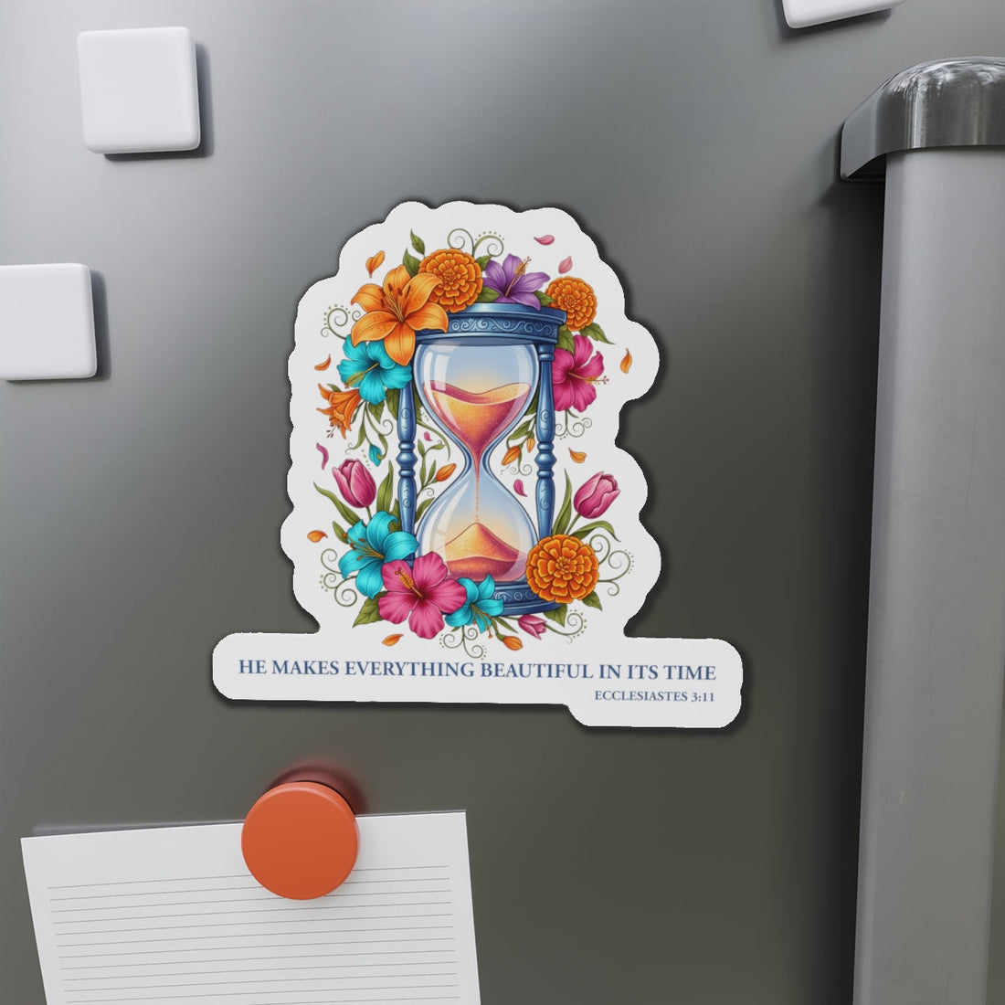 STK101 Ecclesiastes 3:11 Bible Verse Sticker – He Makes Everything Beautiful in Its Time – Christian Hourglass Floral Digital Download
